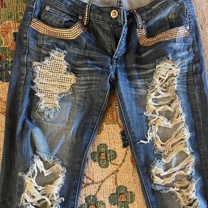 Original Hot A7 Women's Jeans Embellished Distressed Stretch Swarovski Size 28